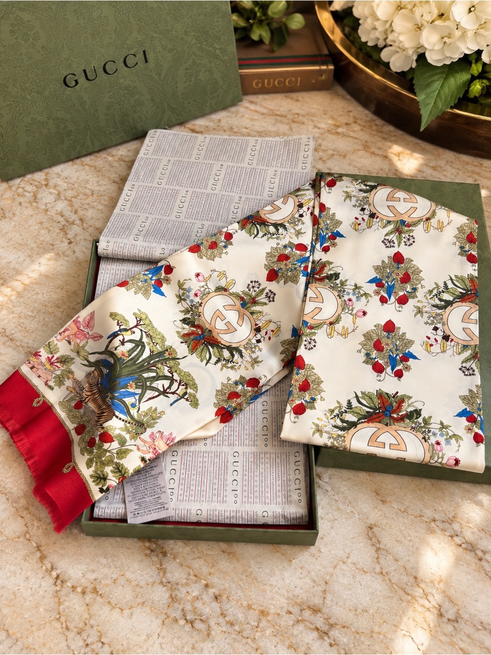 NEW Gucci 100th Anniversary Tiger Floral Silk Scarf 692033 w/ Box